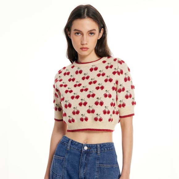 Cider Tops - Cider Cherry Pattern Knit Crop Top Size S